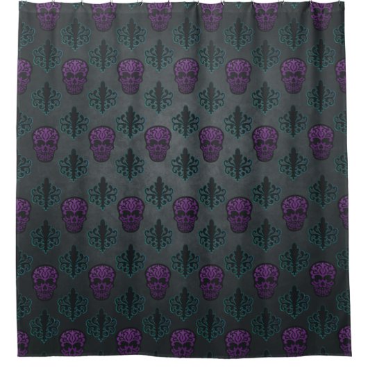 Blauwgroen Damask Paarse Skull Douchegordijn (Voorkant)