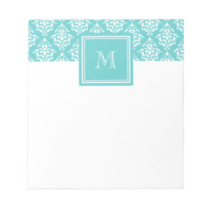Blauwgroen Damask Patroon 1 met Monogram Notitieblok