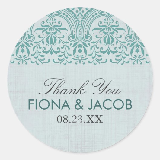 Blauwgroen  Damask Wedding Favor Sticker (Voorkant)