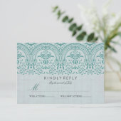 Blauwgroen  Damask Wedding RSVP (Staand voorkant)