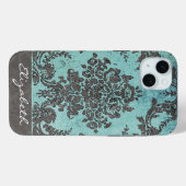  Blauwgroen Damaspatroon met monogram Case-Mate iPhone Case (Achterkant (horizontaal))