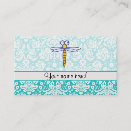Blauwgroen damast patroon libel visitekaartje (Voorkant)