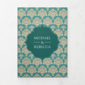 Blauwgroen damast patroon Marokkaanse boog bruilof Drieluik Uitnodiging (Cover)