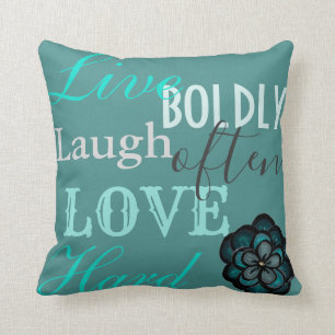 Blauwgroen decoratief Sierkussen "Live, Laugh, Lov