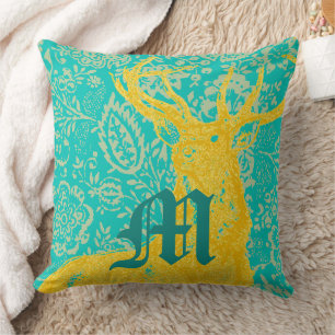 Blauwgroen deer op geel  Floral Pattern Kussen