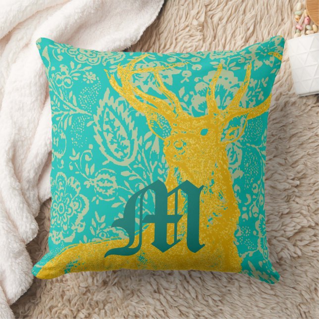 Blauwgroen deer op geel  Floral Pattern Kussen (Deken)