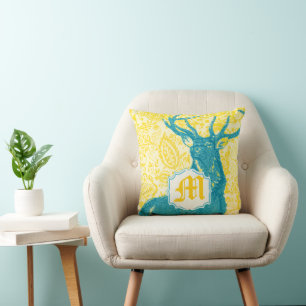 Blauwgroen deer op geel Floral Pattern Kussen