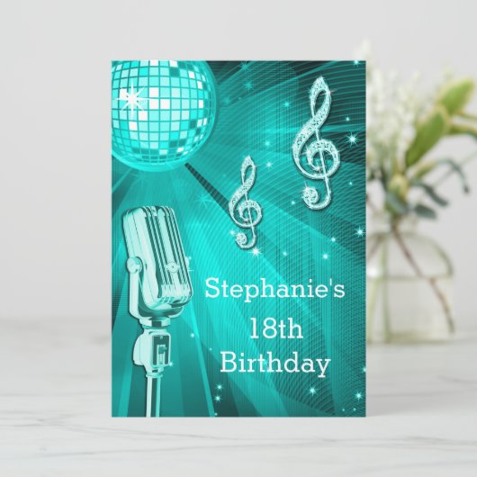 Blauwgroen Disco Ball en Retro Microfoon 18e Verja Kaart (Staand voorkant)