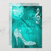 Blauwgroen Disco Ball en Sparkle Heels 50e Verjaar Kaart (Voorkant / Achterkant)
