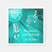 Blauwgroen discobal en retro microfoon 25e verjaar servetten (Voorkant)