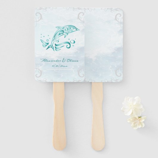 Blauwgroen dolfijnweddenschap voor handhand handwaaier (Voorkant en achterkant)