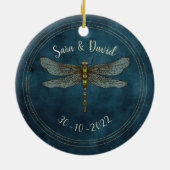  Blauwgroen Donker Gotische Dragonfly Paar Trouwen Keramisch Ornament (Achterkant)