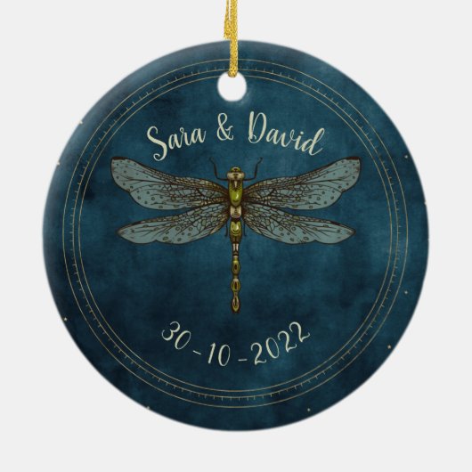  Blauwgroen Donker Gotische Dragonfly Paar Trouwen Keramisch Ornament (Achterkant)