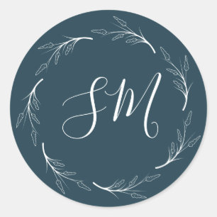 Blauwgroen Donkergroen Wit Bladkrans Monogram Brui Ronde Sticker