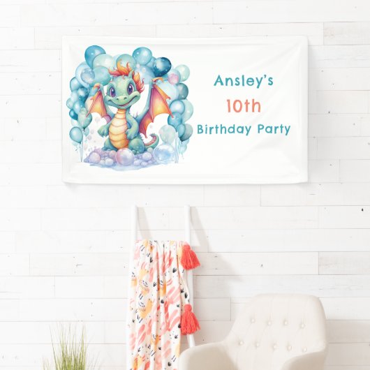 Blauwgroen Draak met Balloon Arch Verjaardagsfeest Spandoek (Insitu)