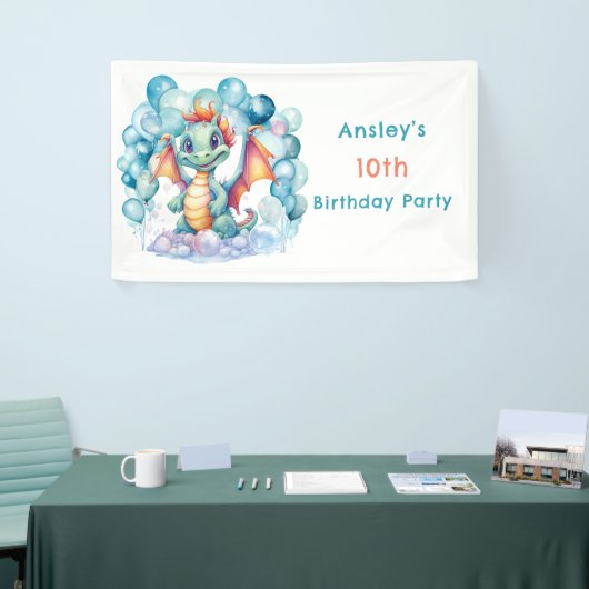 Blauwgroen Draak met Balloon Arch Verjaardagsfeest Spandoek (Beurs)