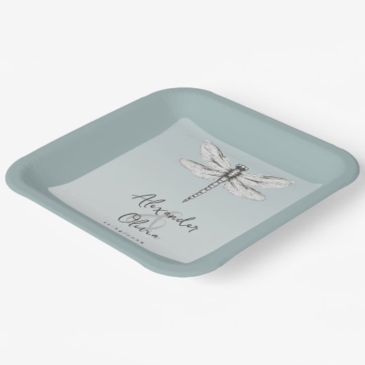 Blauwgroen dragonfly bruiloft papieren bordje (Gebogen)
