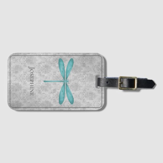 Blauwgroen Dragonfly Damask Bagagelabel (Voorkant (horizontaal))