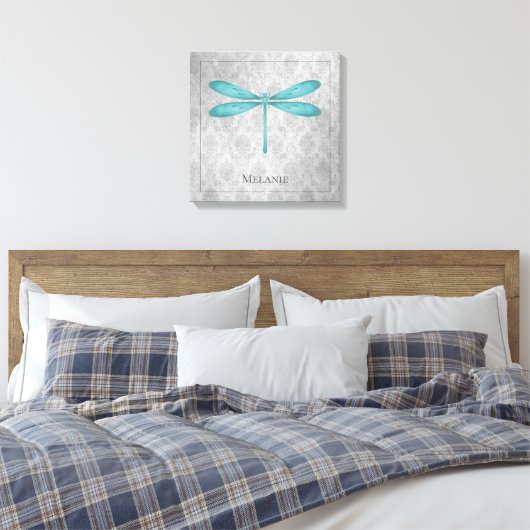 Blauwgroen Dragonfly Damask Canvas Afdruk (Insitu (Slaapkamer))