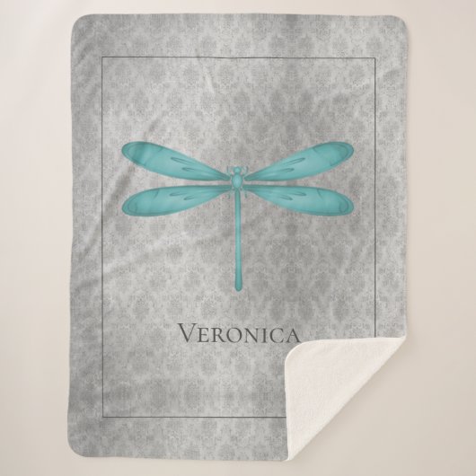Blauwgroen Dragonfly Damask gepersonaliseerd Sherpa Deken (Voorkant)