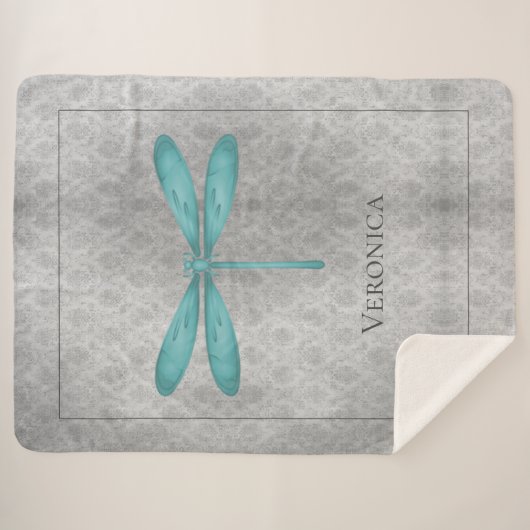 Blauwgroen Dragonfly Damask gepersonaliseerd Sherpa Deken (Voorkant (horizontaal))