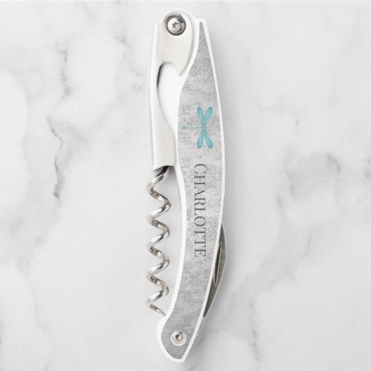 Blauwgroen Dragonfly Damask Kurkentrekker (Voorkant)