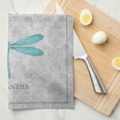 Blauwgroen Dragonfly Damask Theedoek (Quarter Fold)