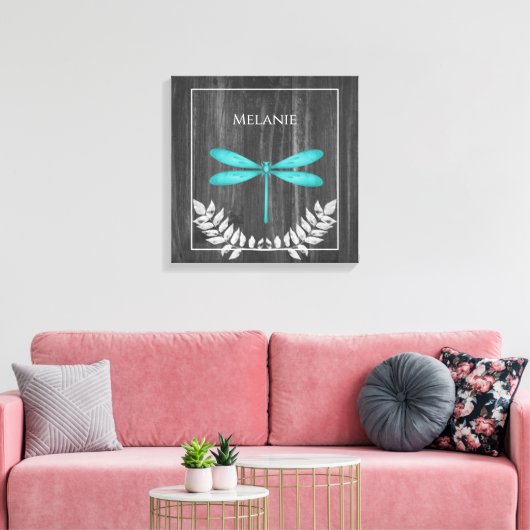 Blauwgroen Dragonfly Rustic Canvas afdrukken (Insitu (Woonkamer))