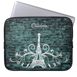 Blauwgroen Eiffel Tower Grunge-laptophoes Laptop Sleeve