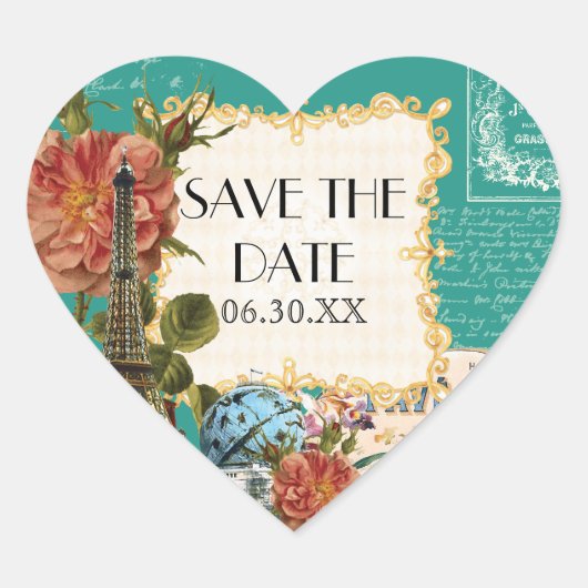 Blauwgroen  Eiffeltoren Roos Save the Date Seal Hart Sticker (Voorkant)