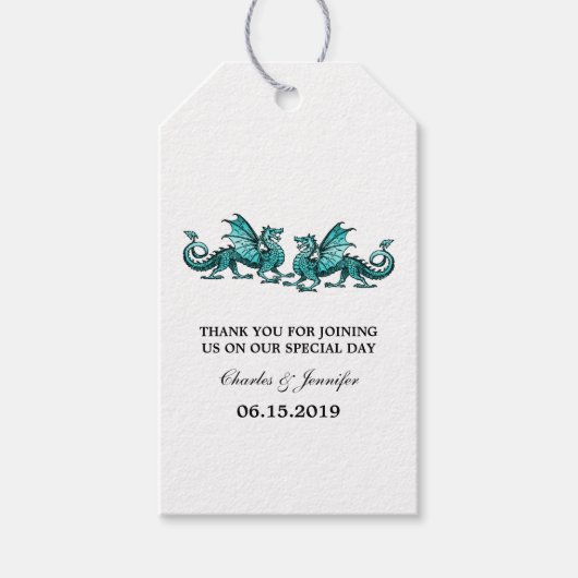Blauwgroen Elegant Dragons Wedding Gift Labels Cadeaulabel (Voorkant)