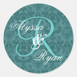 Blauwgroen en Aqua Damask Bruiloft Custom Monogram Ronde Sticker