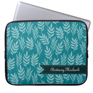 Blauwgroen en Aqua Elegant loofpatroon met naam Laptop Sleeve