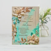 Blauwgroen en beige bloemenbruiloft kaart (Staand voorkant)
