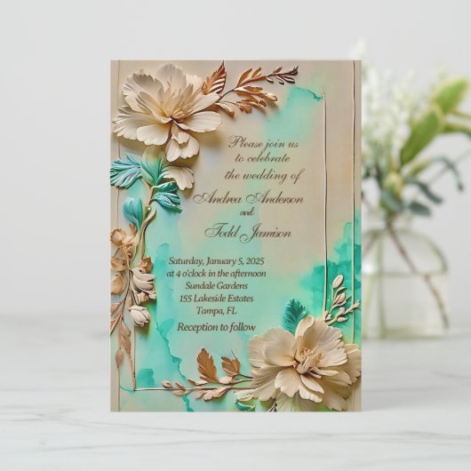 Blauwgroen en beige bloemenbruiloft kaart (Staand voorkant)