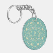 Blauwgroen en beige derfwerende monogram sleutelhanger (Voorkant Links)