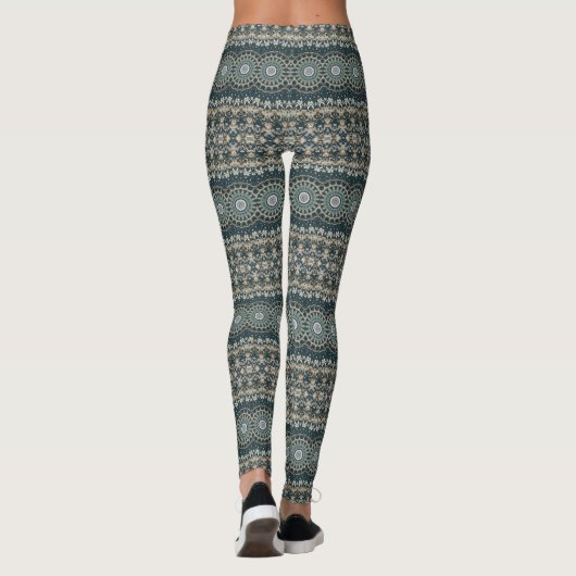 Blauwgroen en Beige Mandala Patroonontwerp Leggings (Achterkant)