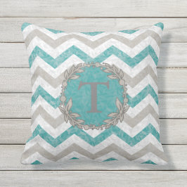Blauwgroen en beige monogrammed chevron Pillow Buitenkussen