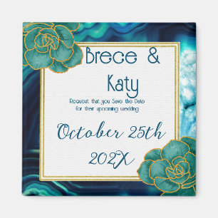 Blauwgroen en Blauw Floral Agaat Save the Date Mag Magneet