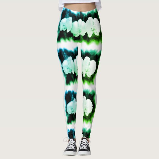Blauwgroen en blauwe orchideeën leggings (Voorkant)