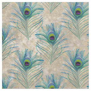 Blauwgroen en blauwe pacock-veren op Cream Stof