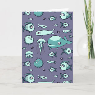 Blauwgroen en Blauwe Vissen Tekenen Blank Wenskaar Kaart