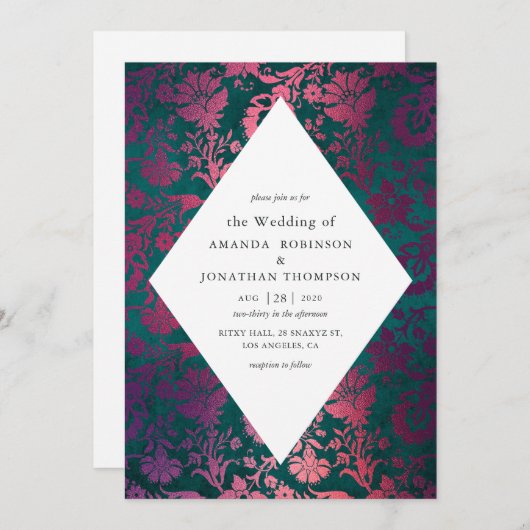 Blauwgroen en Bourgogne Glam Faux Folie Weddensch Kaart (Voorkant / Achterkant)