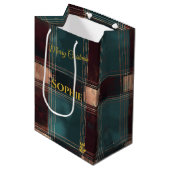 Blauwgroen en Bourgogne Metallic Plaid Kerstmis Medium Cadeauzakje (Voorkant Gekanteld)