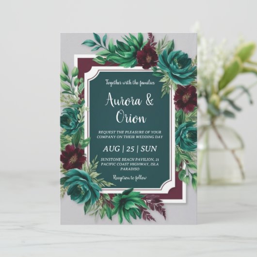 blauwgroen en Bourgondische huwelijksuitnodigingen Kaart (Staand voorkant)