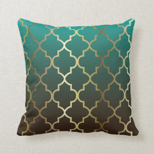 Blauwgroen en bruin mengsel Gold Quatrefoil Patr Kussen