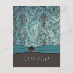 Blauwgroen en bruine Damask RSVP-kaart Bedankkaart