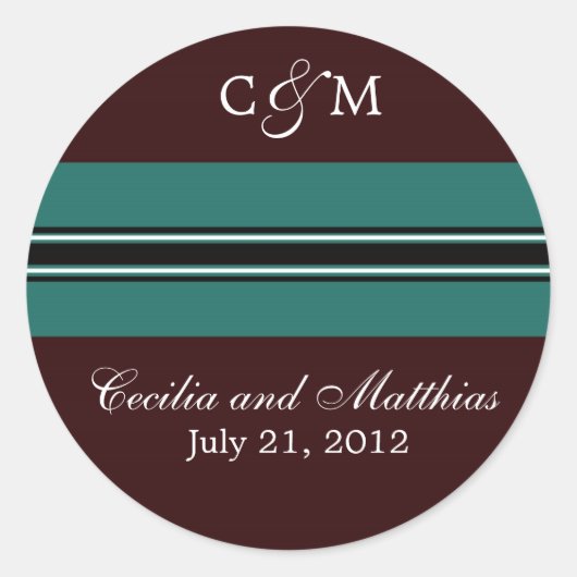 Blauwgroen en bruine envelop ronde sticker (Voorkant)