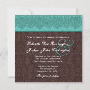 Blauwgroen en chocolade Damask Monogram Wedding V0 Kaart