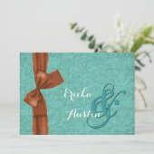 Blauwgroen en Cinammon Damask Bow Wedding Sjabloon Kaart (Staand voorkant)